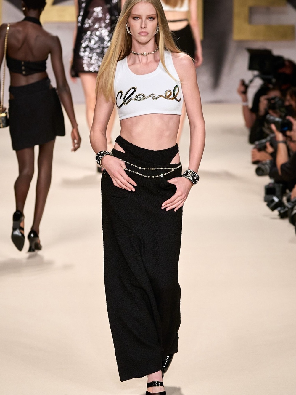 CHANEL 2022 Spring Runway Black Maxi Cutout Skirt 38